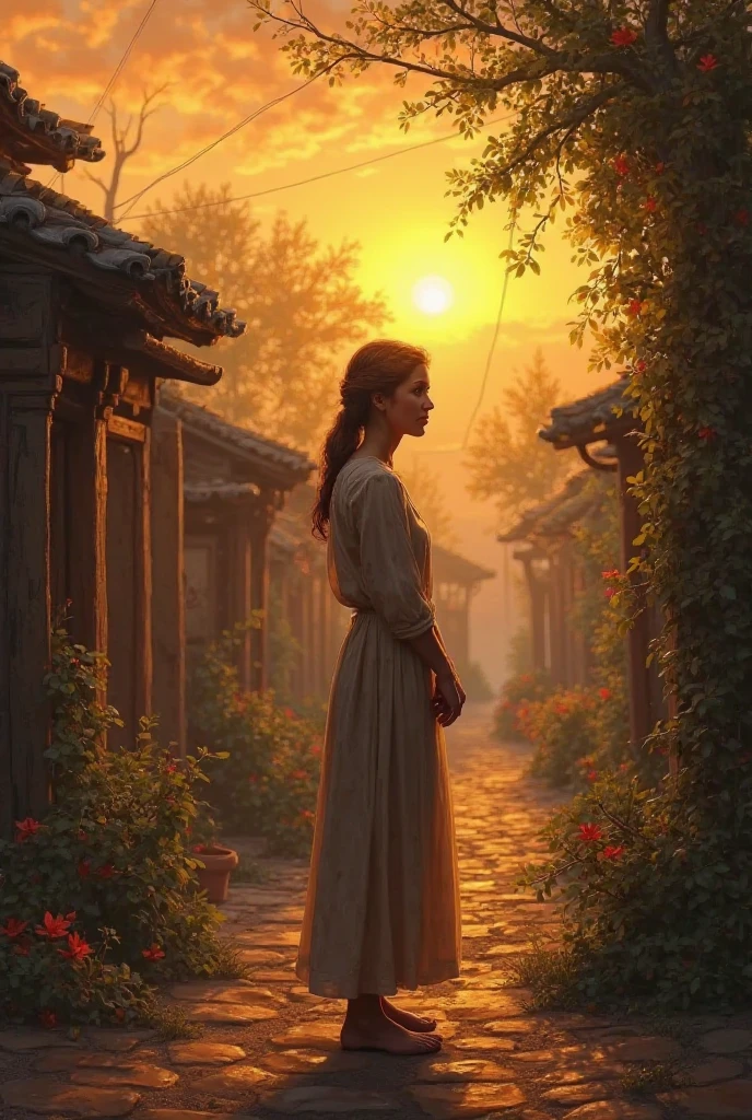 A thoughtful village scene at sunset, the woman standing with dignity, a soft golden glow, symbolizing wisdom and humanity