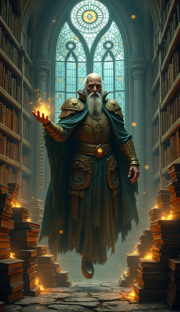 Mystical fantasy image of an old, armored sorcerer floating in a forgotten library, surrounded by magical books and golden chains, each book glowing with trapped souls -- ancient light from stained glass windows above -- epic mood, high detail
