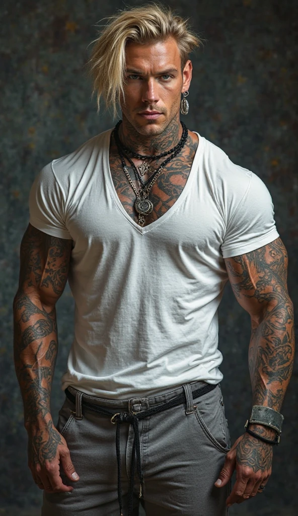a man wearing a tank top and tattoos next to a door, in the style of dark and intricate, detailed perfection, chase stone, animalier, gray and amber, i can't believe how beautiful this is, strong contours