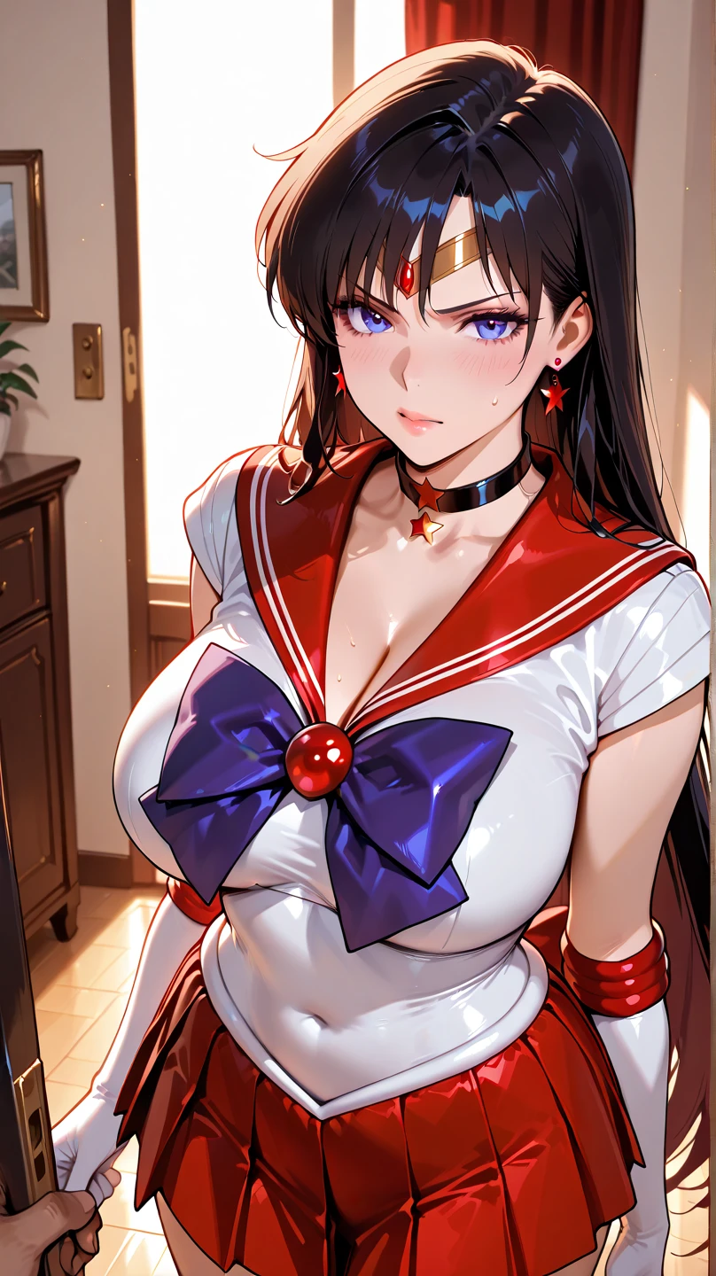 hino_rei, huge_breasts, standing, solo, White_leotard_Red_sailor_collar_Red_miniskirt_White_gloves_Red_high_heels_Star_choker_Purple_bowtie_Red_back_bow_Circlet_Heart_brooch_See-through_sleeves, starry_sky,, masterpiece, best quality, detailed face, detailed eyes, highres,, kkw-ph1,