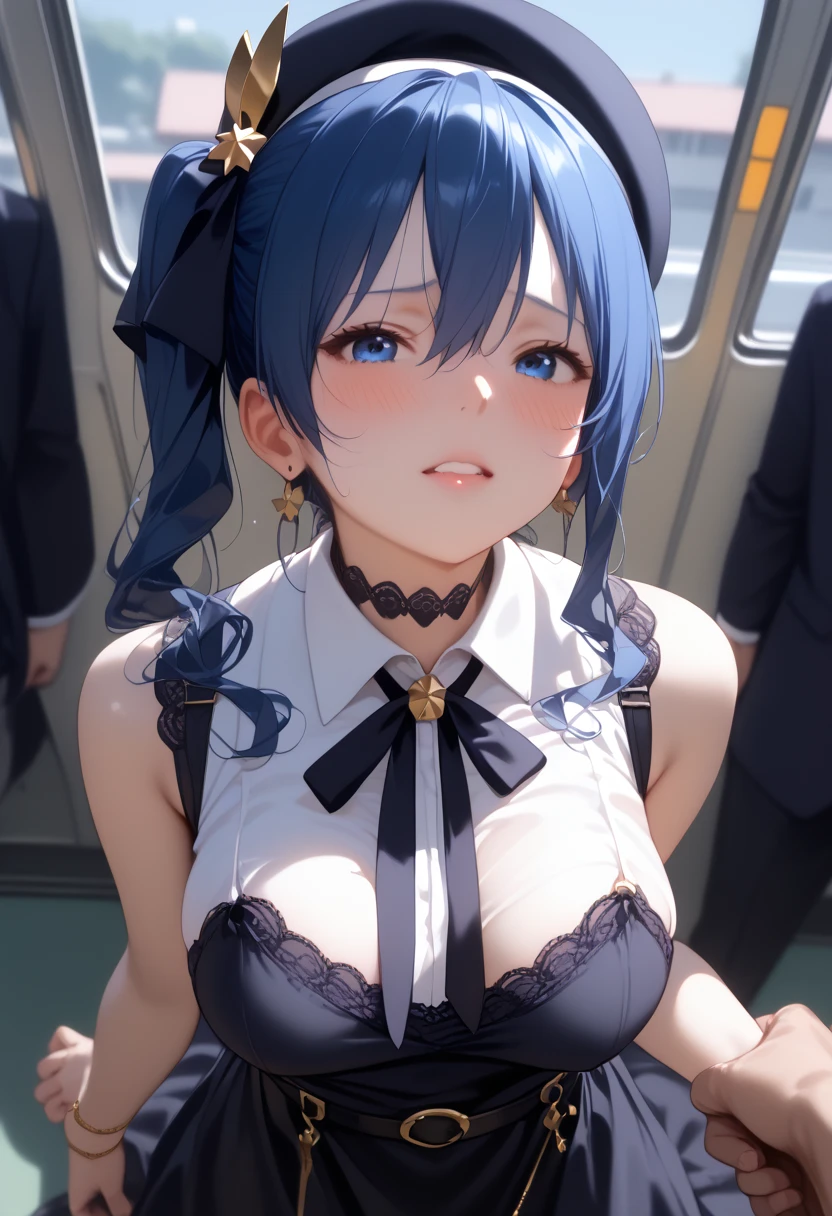 NSFW,One girl,hoshimachi suisei,blue eyes,Blue Hair,choker,Hair between the eyes,Medium Hair,Side Ponytail,スターchoker,Small breasts,Jacket,Off-the-shoulder shirt,cropped,Micro Mini Skirt,Thigh straps,Are standing,train,(Perfect hands),(Perfect Anatomy),(masterpiece),(highest quality),Embarrassed,blush,Disgust,One man,背後にAre standing男性,Having sex,I feel pleasure,(Being molested:1.5)