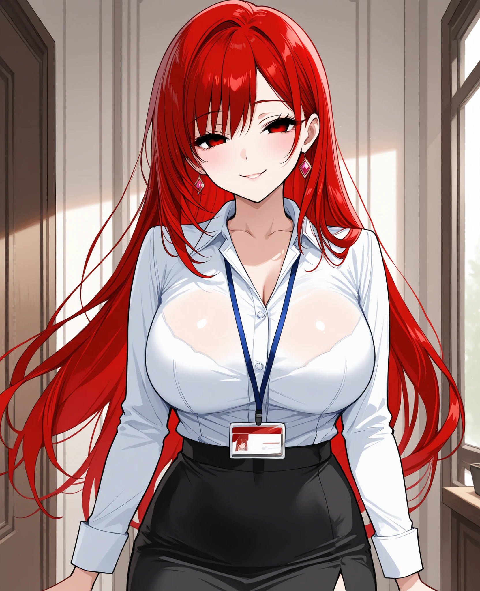  beauty　 Married Woman　Age 30　 red hair 　long hair　charming　glamour　Office Lady　shirt　slit skirt　sexy　disgusting expression　smile　narrows her eyes　From the side of the whole body