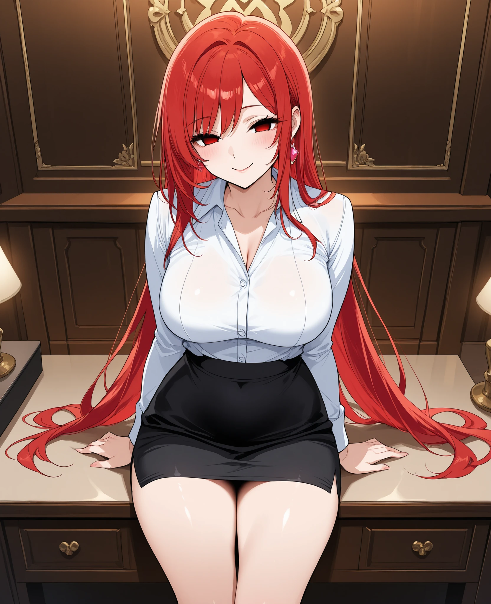  beauty　 Married Woman　Age 30　 red hair 　long hair　charming　glamour　Office Lady　shirt　slit skirt　sexy　disgusting expression　smile　narrows her eyes　From the side of the whole body