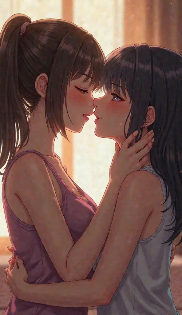 lighting like a movie、top-quality、two girls wearing bras and 、embarrassed from、girl's own room、full of sweat、Two people sitting and rubbing their crotches together、Two people hugging each other and touching their crotches、