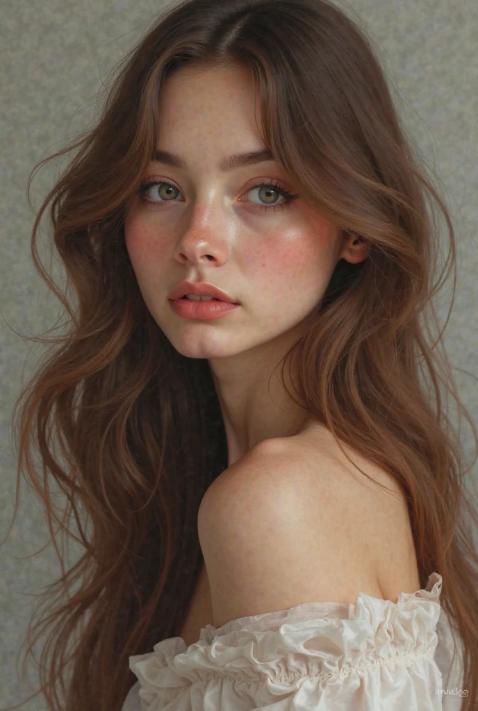 high quality image, lip gloss, lips, solo, pretty face, hazel eyes, long brown hair, freckles,