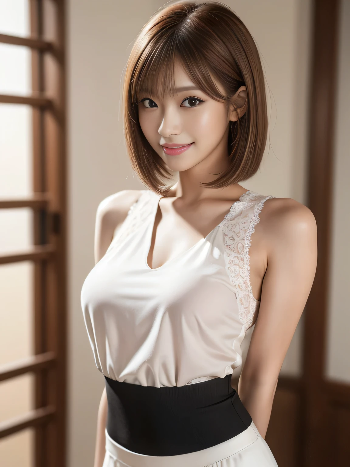 masterpiece, best quality, ultra-detailed, unity 8k wallpaper, hyper detailed, realistic, sharp features, highly detailed, professional quality, Photorealistic, hyper realistic, high resolution, Japanese Model, Beautiful Japanese girl, (19yo:1.3), (everyday makeup, neutral tones), sophisticated look, Perfect facial features, Beautiful Face, Glossy lip, (pink blush pink), Highly detailed face and skin texture, perfect limbs, perfect anatomy, (chestnut brown hair chestnut brown), Bob cut, cowboy shot, (arms behind back:1.2), (white blouse white), ((black tight skirt black)), sunlight, (shyly smiling),