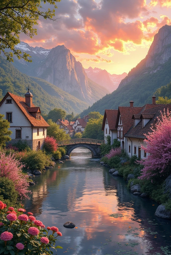 a small village by the river, mountains in the background, fleurs florales colorées,  detailed landscape , Beaux paysages naturels, atmospheric lighting, coucher de soleil brûlant, warm colors, pratique, photorealistic, Detailed foliage ,  complex buildings, Cobblestone street, Charming country house, bright swirling colors, lush vegetation,  Reflections of still water, Pittoresque, idyllique,  work of art, best quality, 8k, extremely detailed, style anime.
