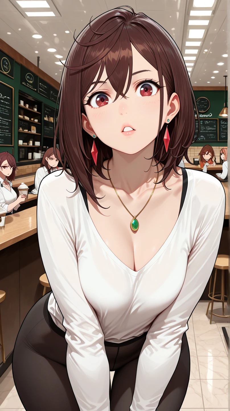 score_9, score_8_up, score_7_up, 1lady, Momo Ayase (Dandadan), Ayase Momo, perfect eyes, perfect face, small breast, medium breast, brown hair, red brown eyes, gorgeous body shapes, big hips, solo (Sexy Photoshoot), (Masterpiece, Best Quality) ,
white long sleeves t-shirt, rond cleavage, black leggings, necklace,
Charming beauty, looking at viewer, parted lips,
dynamic pose, sexy pose, neer a bay windows,
indoor, bay windows background, daylights, windows, in a coffee shop, trees, street in second plan,