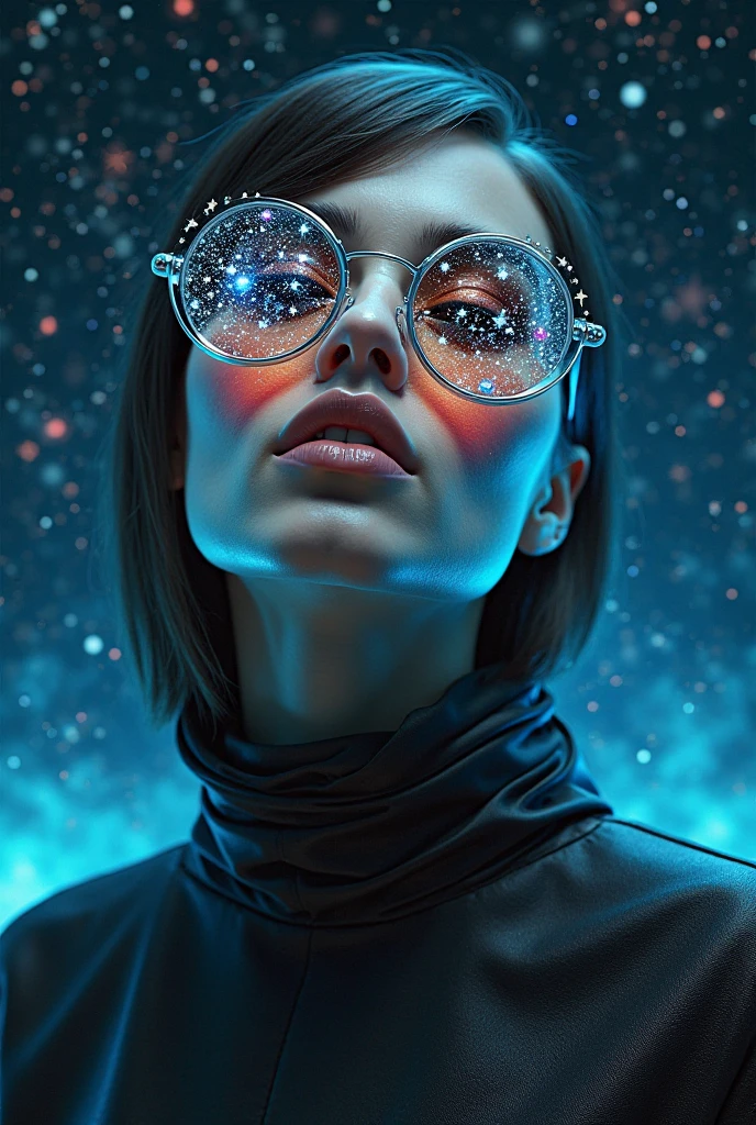 The model wears glass sunglasses with stars and the moon in the glass