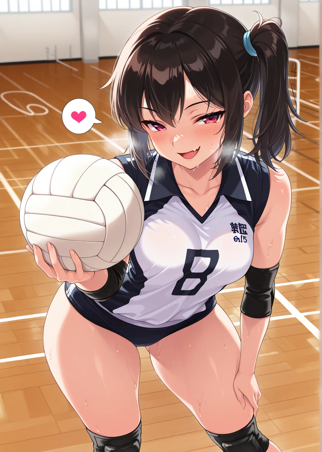 unity 8k wallpaper, anatomically correct, (((masterpiece))), (((best quality))), (((ultra detailed))), (((high-resolution))), ((super fine illustration)), ((Ultimate cutie)), perfect hands, perfect finger, (((good anatomy))), detailed beautiful face, shiny hair, (((gyaru))), (potbelly), (curvy), medium breasts, ((Thick thighs)), (((solo))), ((seductive smile)), (((blush))), (half open mouth), 
BREAK, (((sit astride the perfectly spherical shape 6-inch volleyball))), (((Straddling a perfectly spherical 6" volleyball))), (((Perfectly spherical 6" volleyball fits perfectly crotch))), BREAK, (((Rub the  Perfectly spherical 6" volleyball against crotch))), 
BREAK, (Collared volleyball uniforms), sleeveless, ((buruma)), ((kneepad)), pussy juice stained, (elbow pad), (((sweat))), (((covered in sweat))), ((deep breathing)), in Volleyball Court, indoor, lighting,  looking at viewer, full body, (spoken heart)
