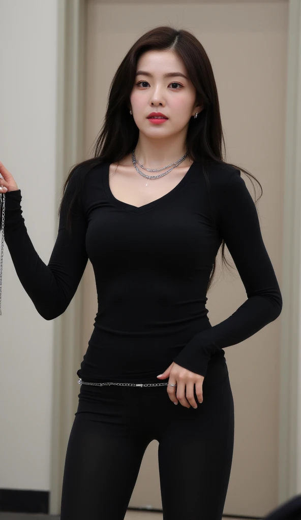 ((1 girl, 18 years old, full length, waist-length, standing)), ((masterpiece, best quality), (ultra detail), (best quality, high resolution, photo realistic)). (dark hair, shoulder length, long hair), (elegant body, dark stylish T-shirt, tech clothes), (beautiful hands in jewelry bracelets). ((Calm look, standing)).