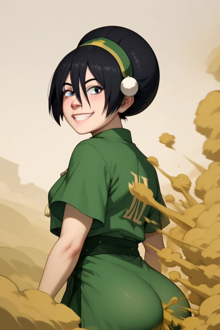 masterpiece, best quality, 1girl, toph, bangs, black hair, blind, grey eyes, hair between eyes, hair bun, hairband, short hair, short sleeves, tunic, chinese clothes,, kabedonpov, smile, upper body, looking at viewer, solo, outdoors, vibrant color, , ing, big , yellow ,  out , yellow smoke out 