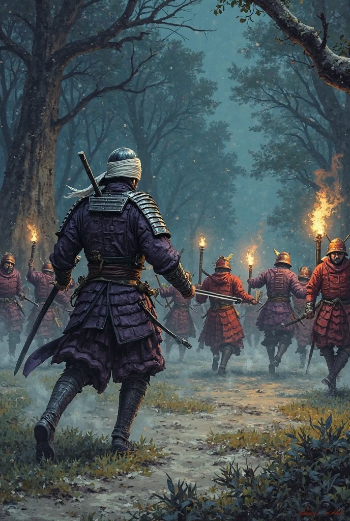 Japanese old style painting, wood painting, Samurai with a katana, Full samurai armor, Draw tree among the enemy's soldiers. The leper samurai using a white bandage all over his face, Samurai Metal Helmet, Samurai Metal Armor, Samurai Helmet, Samurai long sword. Sharp Samurai Blades. Running, Sprinting while charging attack, Combat Gesture, A lot's of enemy fighters, Holding Katana perpendicularly upwards with two hands. Make it Night, Change the themes to a forest at night, Enemy's Samurai Brought a torch, Attack from right to left. divide the Samurai Troops into Purples and Red. Red Samurai vs Purples Samurai. Left and Right Attack.