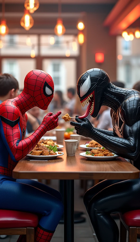 Spider-man with batman eating burger