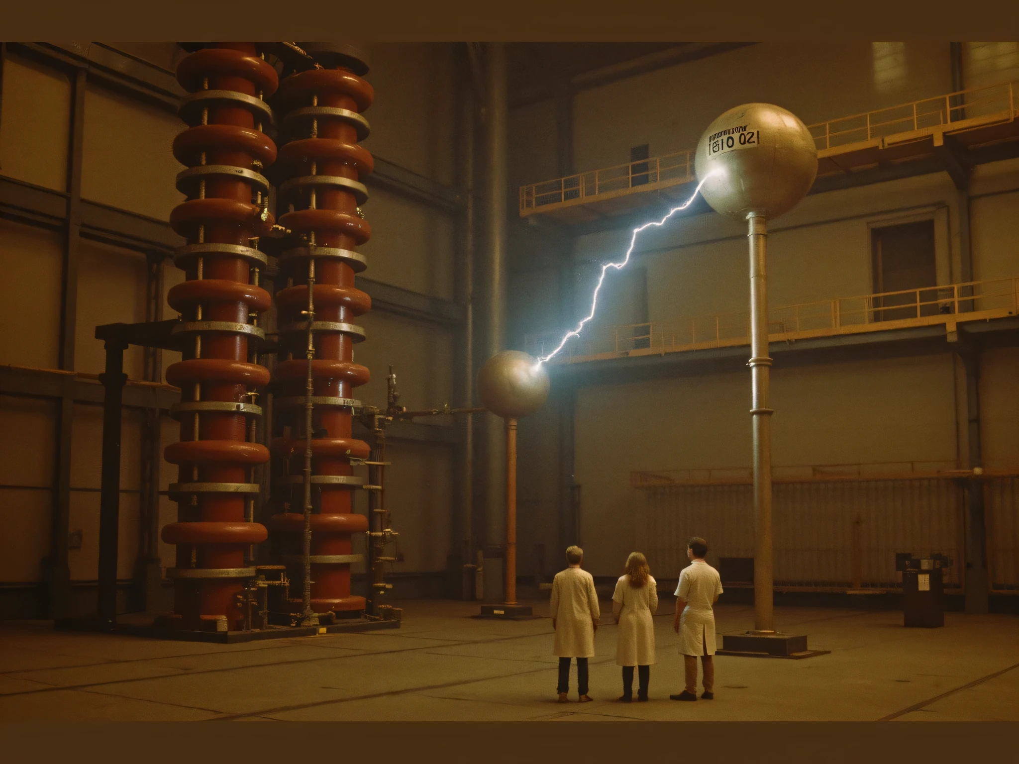 Sharp detailed 80th years photo of A pulse voltage generator with an electric arc with an electric pulse. Lightning between the balls.
Three students in white coats with magazines are looking at the zipper, discussing something, serious.
