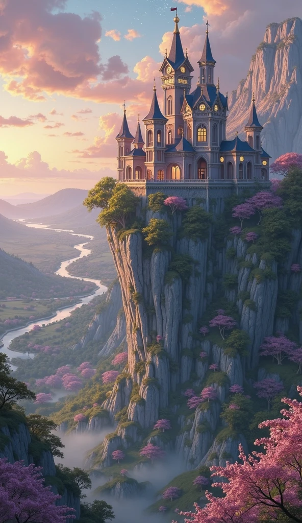 Create a kingdom in spring around the kingdom and a large castle on the edge of a cliff, extremely detailed at nightfall with a view of the meadow