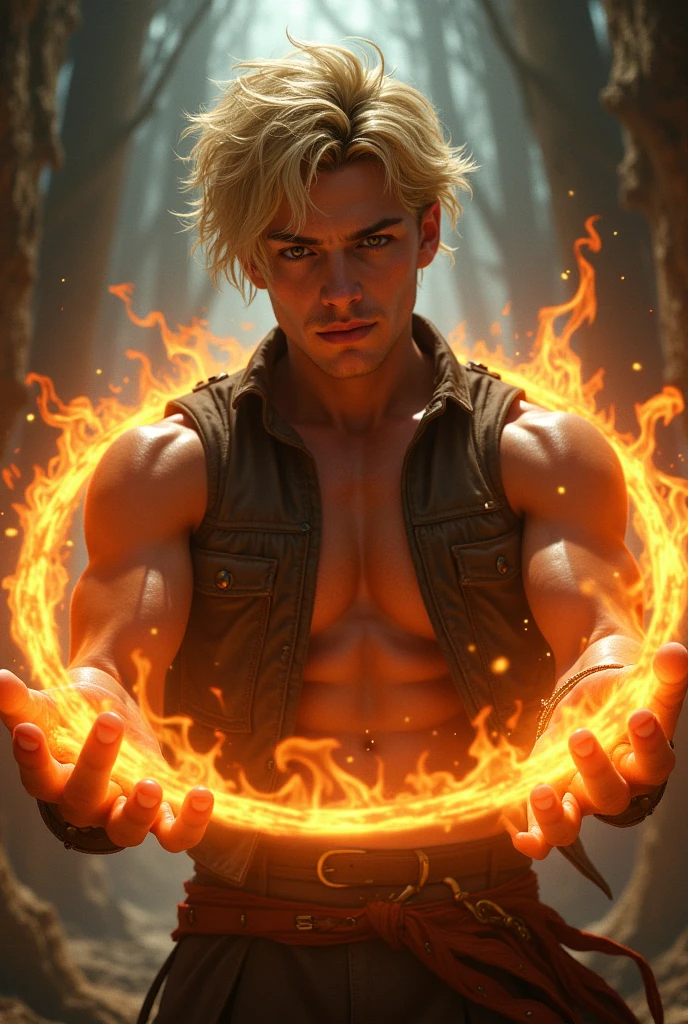   Young Adult, Intelectual, blond face with messy hair, strong, muscular arms and rings of fire on the forearms 