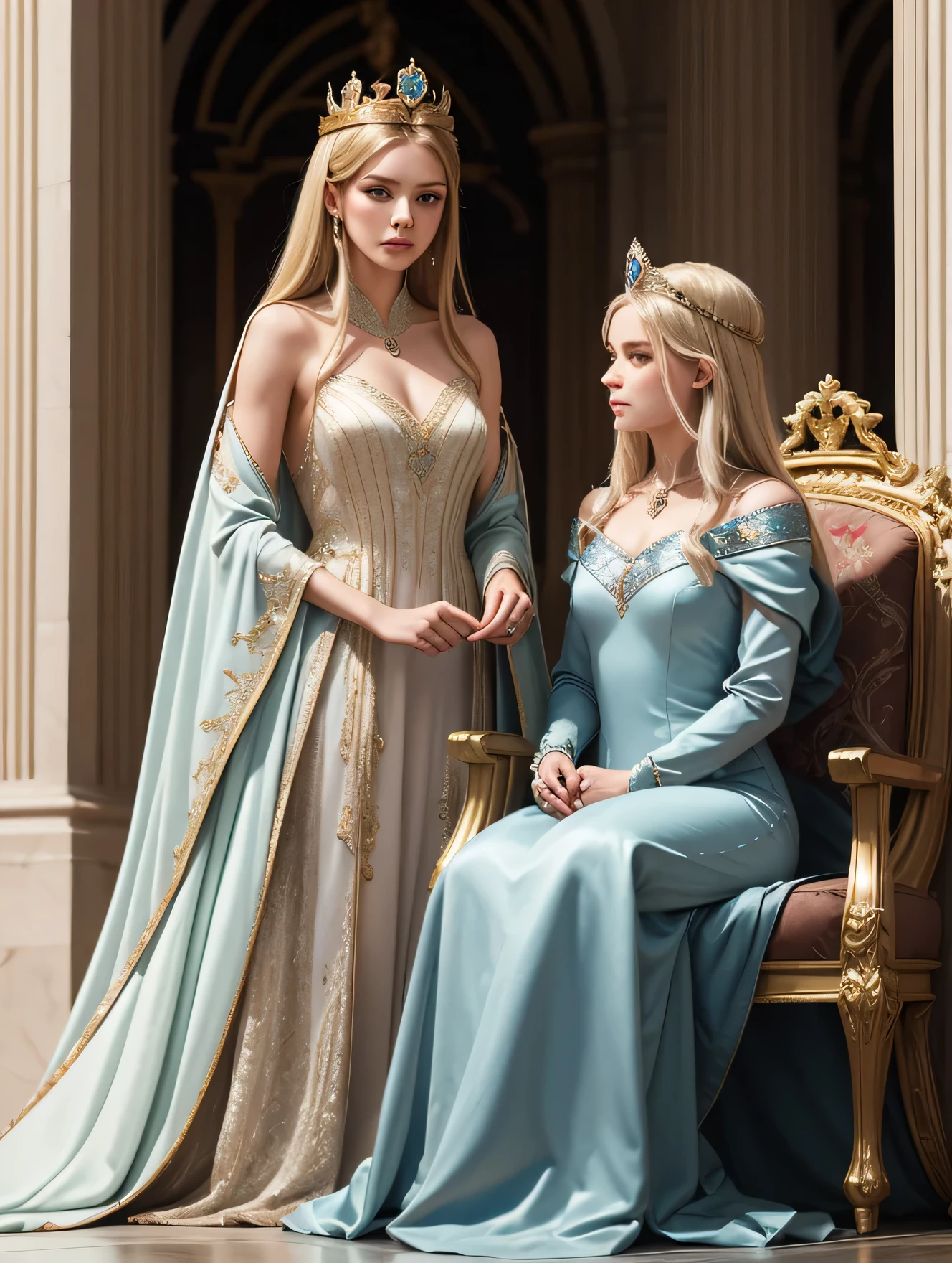 (​masterpiece, best quality:1.5), highest quality, High resolution, super detailed, Realists, Upper body photo of a blonde sorceress, detailed and beautiful eyes, beautiful detailed lips, very detailed eyes and face, longeyelashes, shiny satin dress, Holding a magic wand in your hand and performing a transformation spell (Magic wands present and shining) Beautiful and colorful makeup, elegant and noble々The jewelry bag, Gardens as background, soft daylight, bright colors, fine brushstrokes, Portrait style, Silk dress fabric, beautiful color palette, glowing skin, First-class rendering, that captures every detail, enchanting atmosphere, subtle shadows and lights, (perfect ???????:1.2), (The two stunning magicians transform dresses) (a transformation):1.4), (magnificent panorama view:1.2)