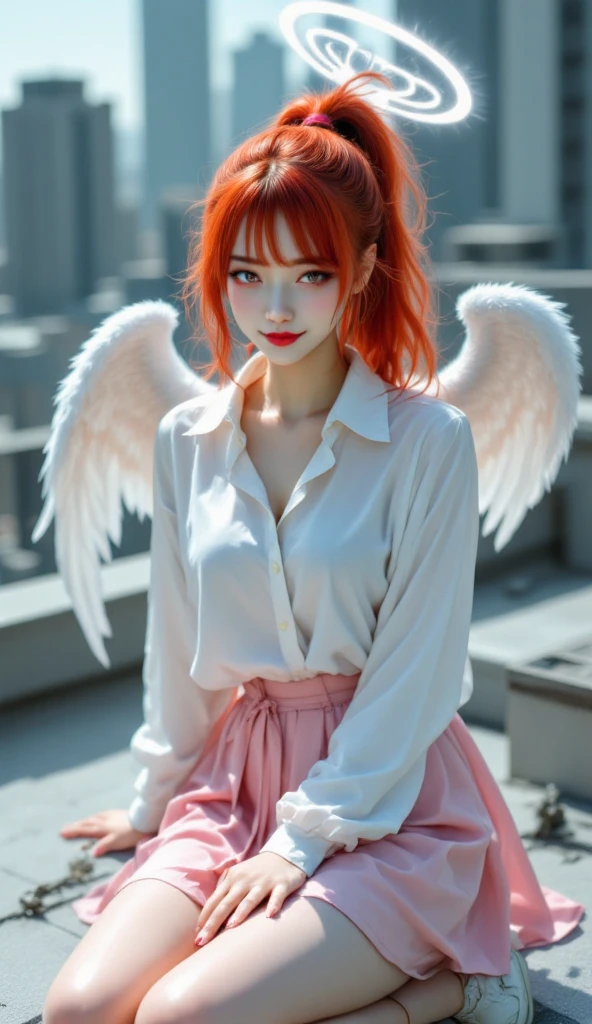 A woman with orange hair and large white wings is posing, of an beautiful Angel girl, Angel girl, beautiful Angel, of beautiful Angel, beautiful cyborg Angel girl, beautiful female Angel, wearing Angel, girl with Angel wings, beautiful Angel girl portrait, Angel, winged girl Angel, Angelic, portrait of a beautiful Angel, Angelical, biblical accurate Angel, Angel in plastic armor，A Greek mythology-style temple with a blue sky in the background，