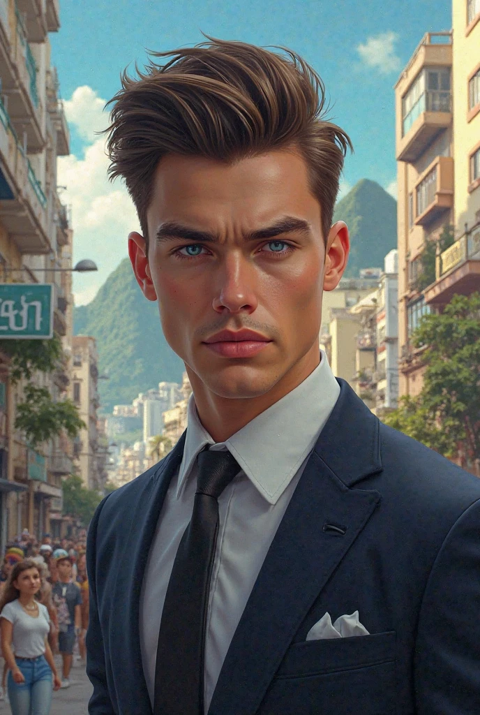Picture of a 20-year-old boy with brown hair and back hairstyles, olhos azuis, forte, physiognomy disdain, elegant clothes,  city of Rio de Janeiro, ano de 2013