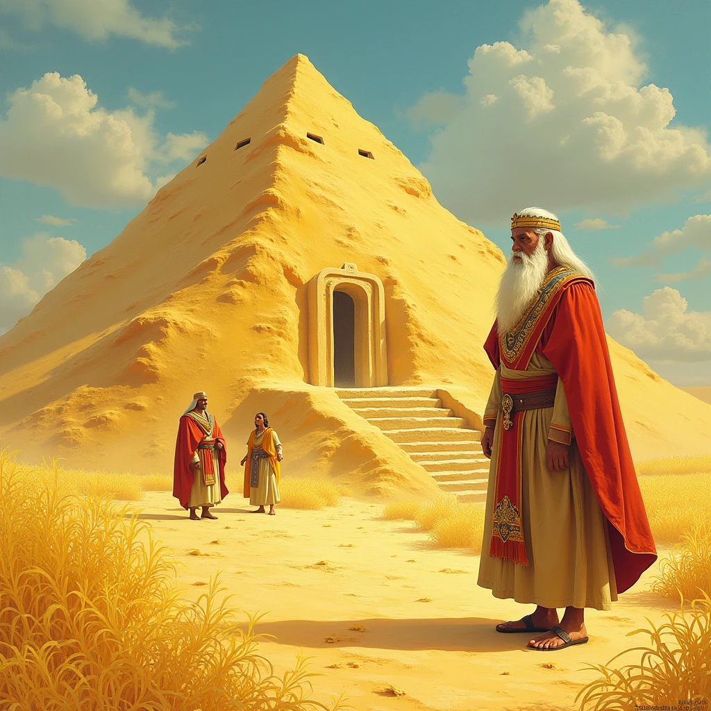 Personnages : 1) Sissa, vieux sage indien, habillé simplement d’une robe en lin beige, pieds nus, avec une longue barbe blanche ; 2) Belkib, jeune roi indien, au costume rouge richement décoré, portant une couronne ornée de pierres précieuses, avec des sandales

Une illustration épique où le palais est presque invisible sous une montagne gigantesque de grains de riz. Les courtisans et le roi Belkib, debout sur une colline de riz, semblent stupéfaits, et Sissa observe paisiblement la scène, peut-être avec un léger sourire en coin. 