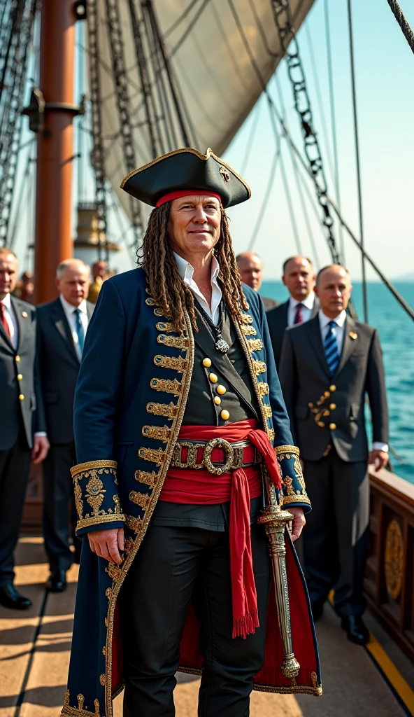 ted budd <lora:senate_066_ted_budd:0.65> , face closeup, face focus, shirt, formal, suit, collared shirt, white shirt, jacket,
Clad in a pirate outfit with an eyepatch, standing on a pirate ship with a Jolly Roger flag in the background, "Treasury Hunt",
best quality, masterpiece, HDR, professional, studio quality, highres,