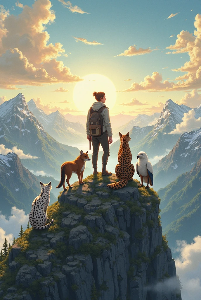 while enjoying the view from the peak of the mountai. There's also their pets consist of spotted white cat, a magnificent leopard, a brown fox and also an eagle.