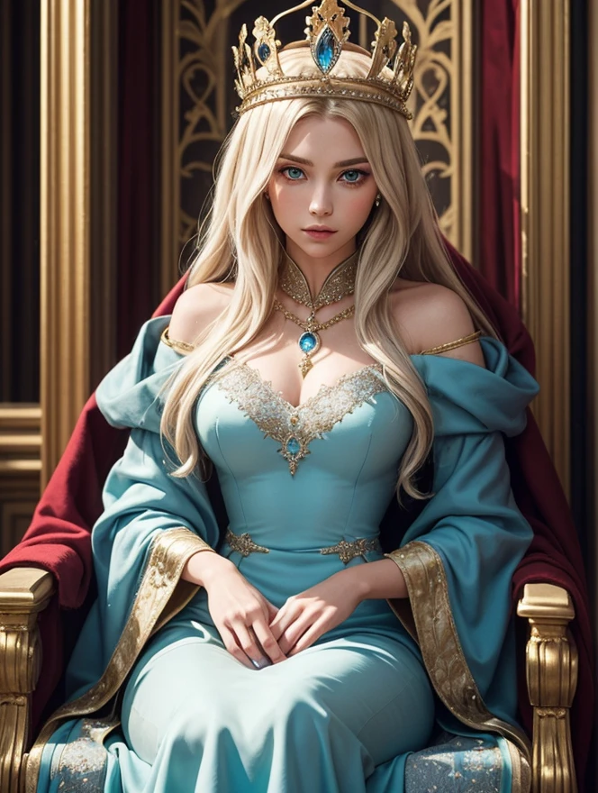 ((solo, 1woman, (blue eyes, platinum blonde hair, long hair), lipstick, Extremely detailed, ambient soft lighting, 4k, perfect eyes, a perfect face, perfect lighting, a 1girl)), ((solo, (1woman, lipstick), Extremely detailed, ambient soft lighting, 4k, perfect eyes, a perfect face, perfect lighting, a 1girl)), , ((fitness,, shapely body, athletic body, toned body)), ((blue finely detailed dress, imperial throne, sitting on a throne, flowes, high heels, throne room, palace))