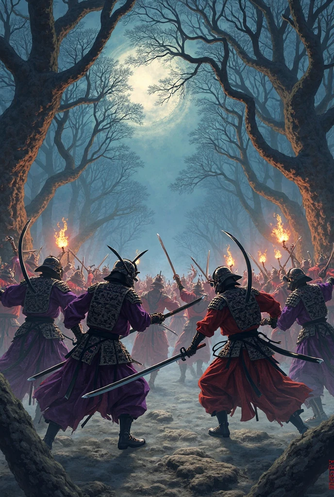 Japanese old style painting, wood painting, Samurai with a katana, Full samurai armor, Draw tree among the enemy's soldiers. 15 Troops of Samurai Ally vs 12 troops of enemy samurai, Samurai Metal Helmet, Samurai Metal Armor, Samurai Mask Helmet, Samurai Mask, Samurai long sword. Sharp Samurai Blades. Running, Sprinting while charging attack, Combat Gesture, A lot's of enemy fighters, Holding Katana perpendicularly upwards with two hands. Make it Night, Change the themes to a forest at night, Enemy's Samurai Brought a torch, Attack from right to left. divide the Samurai Troops into Purples and Red. Red Samurai vs Purples Samurai. Left and Right Attack.