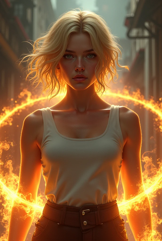  young adult woman , Intelectual, Blonde with messy hair, strong, muscular arms and rings of fire on the forearms 