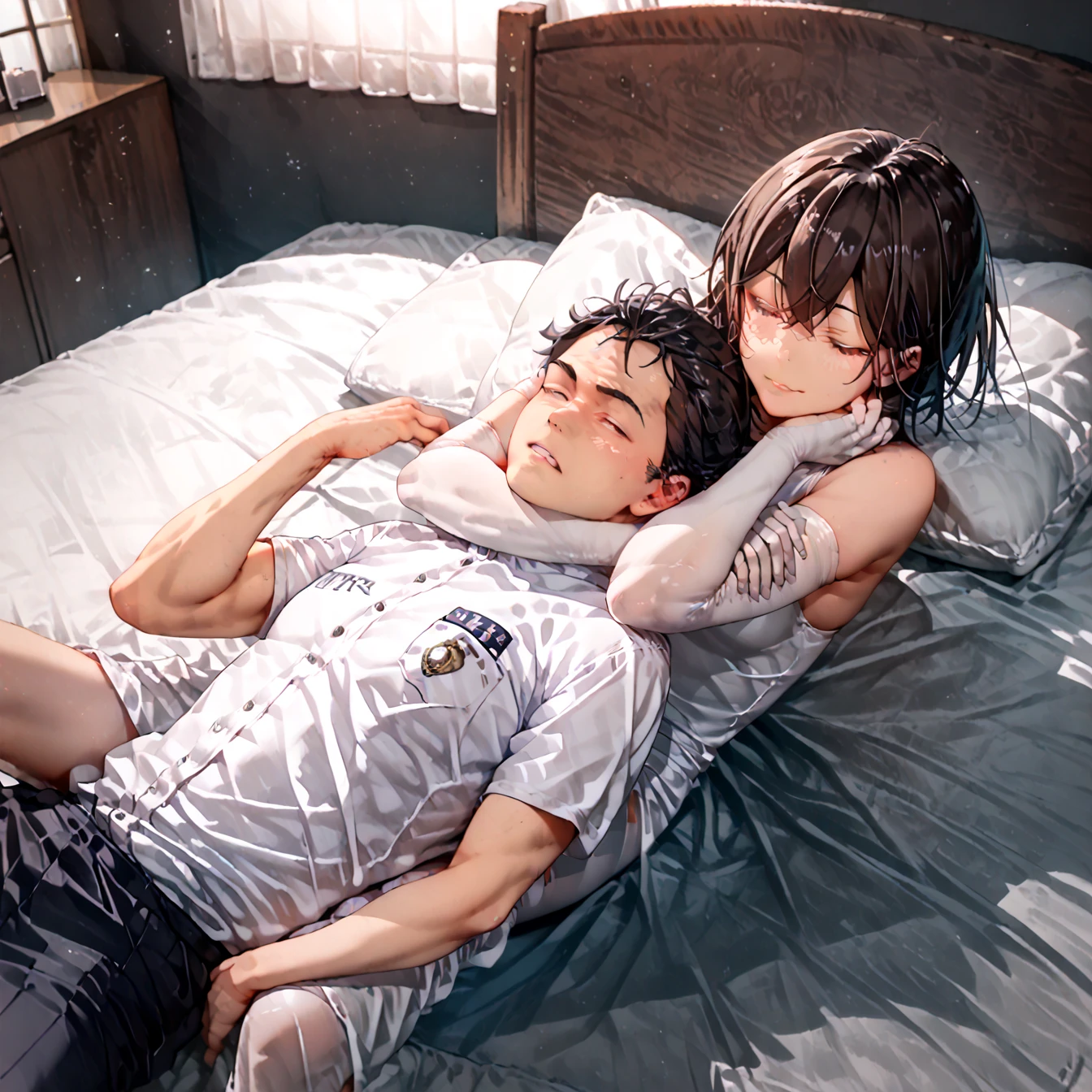Vision。1man 1woman,The boy lay on the bed with his eyes closed,The woman straddles the man,2 people with torn clothes,Woman short hair,The expression is shy,Cover your mouth with your right hand