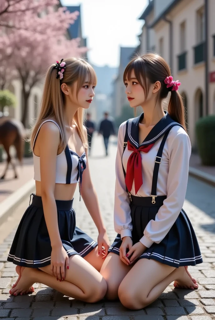 SFW, top-quality, masterpiece, Two beautiful high school girls in uniforms are sitting on a swing, Girl has open legs, One has medium bob hair and the other has short hair, plump big breasts, The sky is blue, the sunlight is strong, and the scene is captured from a low-angle perspective, Medium bob hair, lightbrown hair, plump big breasts, Open legs, showing panties, white panties, red blush, White blouses, pleatedskirt, high socks, lowfers,
