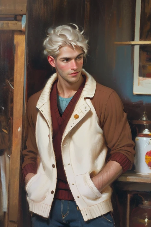 1male, masculine, 26 years old, early twenties. White male (Hair: Messy brown curls that never quite behave.) (Eyes: Big, doe-like hazel eyes that dart away when flustered.) (Face: Freckles, a slightly crooked smile, and a habit of biting his lower lip when nervous.) (Clothing: Cozy sweaters often slightly wrinkled, corduroy pants, and worn-in sneakers. has a book tucked under his arm.) (Maga, realistic), (oil painting in sfumato technique)