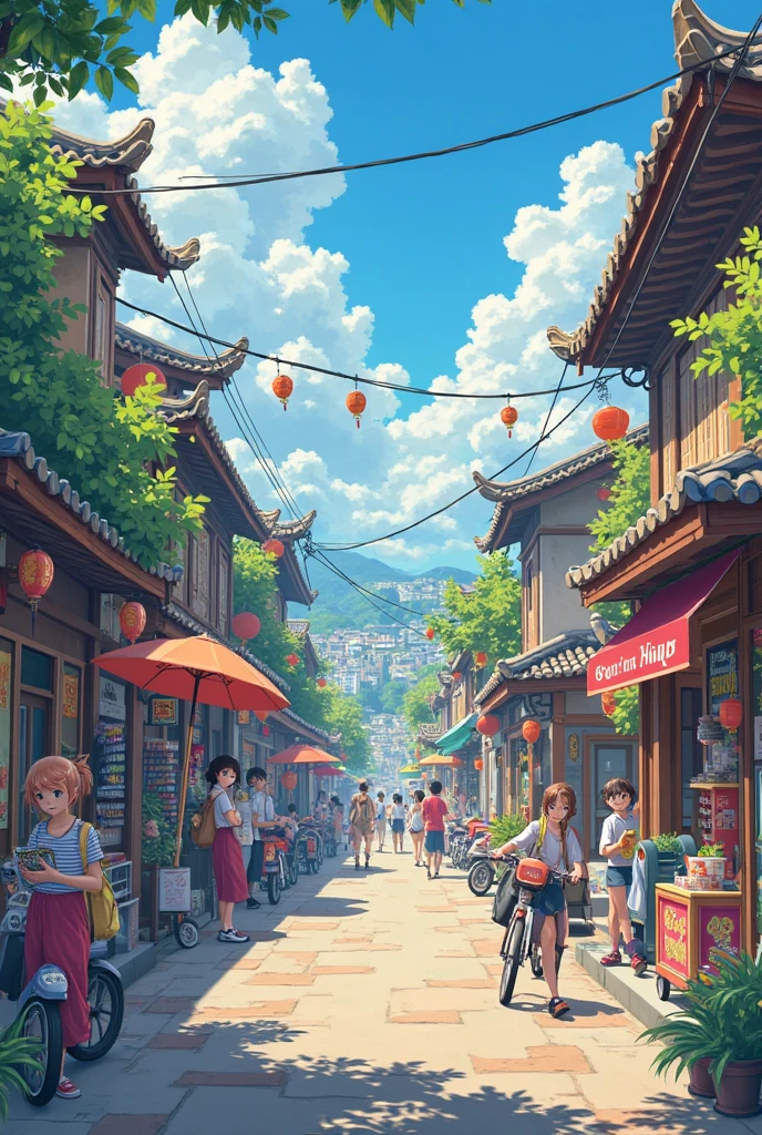 Vietnamese street with anime style, visual novel background