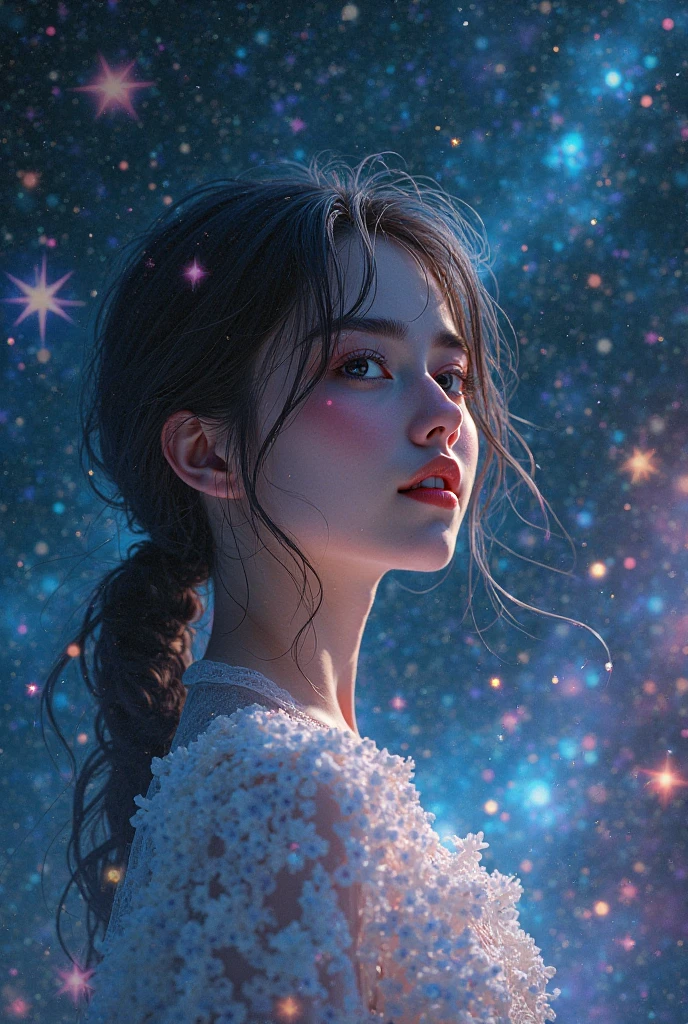 1girl, smile, iridescence, dramatic angle, space, (floating colorful sparkles:1.3), Dramatic Lighting, Chiaroscuro, Evocative Depth