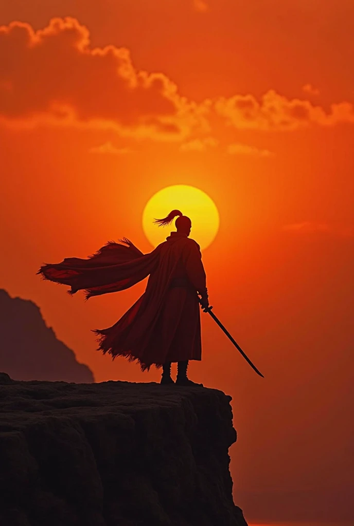 “Silhouette of a lone African samurai holding a katana, standing on a cliff at sunset, wind blowing his robe, wide cinematic shot, deep orange and red tones, powerful and reflective atmosphere, photorealistic”