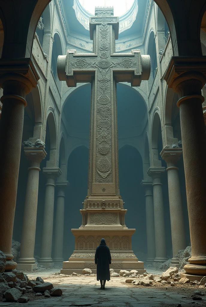 Make a monument resembling a stone cross, com about placa escrita axolomeinem Next from bi'pfi person tsi, in a monumental building abandoned for 130 years, make the image photo realistic.
