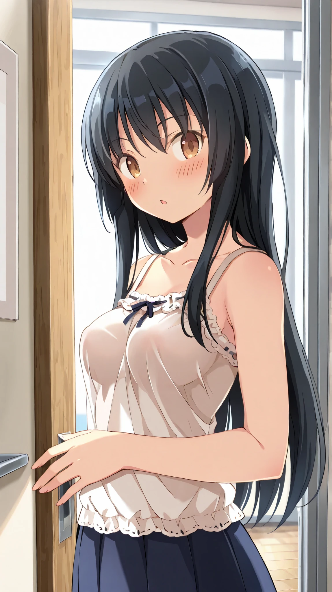 (masterpiece:1.2, best quality), 1girl, (make her yukino yukinoshita:1.5), smirk, slim, slender, green eyes, sharp eyes, small_breasts, flat_chest, leaning forward, facing viewer, from below, white shirt, pleated skirt, areola slip, down blouse, embarrassed, (ahegao:1.5), legs apart, on her knees, very long black hair, ^ ^, school