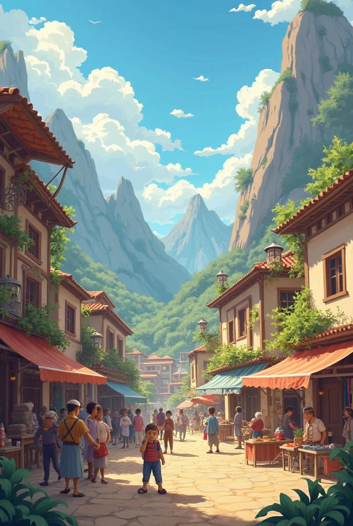 Scene 1: The Busy Town
Visual: A quaint town nestled between towering mountains. The sun is shining, and people are going about their daily activities. s are playing, and market stalls are bustling with activity.
Narration:
"Once in a busy town nestled between mountains, there lived a boy named Zayan. He was not the strongest or the fastest among his friends, but he was known by everyone for being incredibly smart and clever."