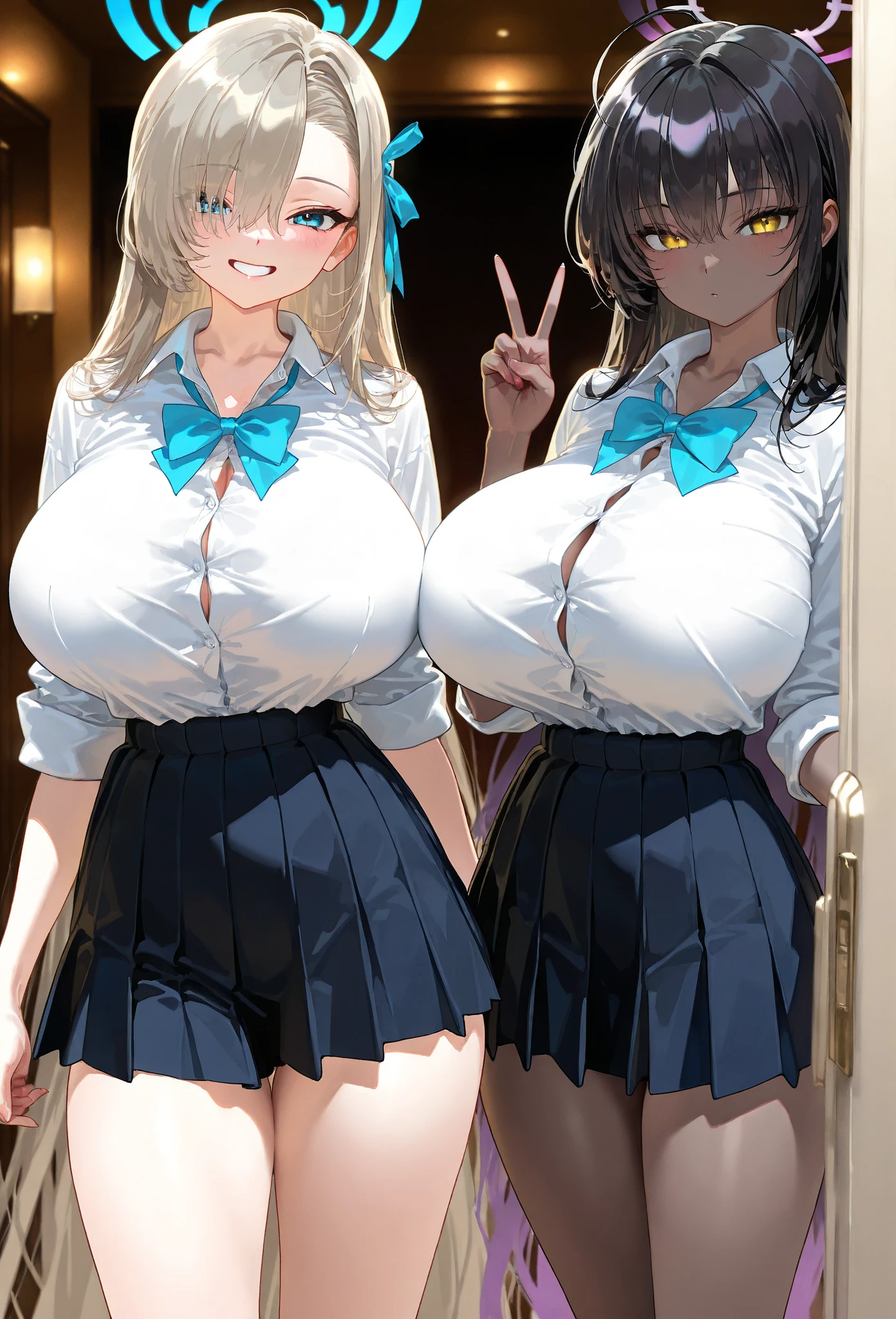tits Large Breasts Big Breasts panties bra uniform スカートを捲ってpantiesを見せている 服を開いてbraを見せている Two Women Side by side Thighs Facing forward Inside the train Grinning smile