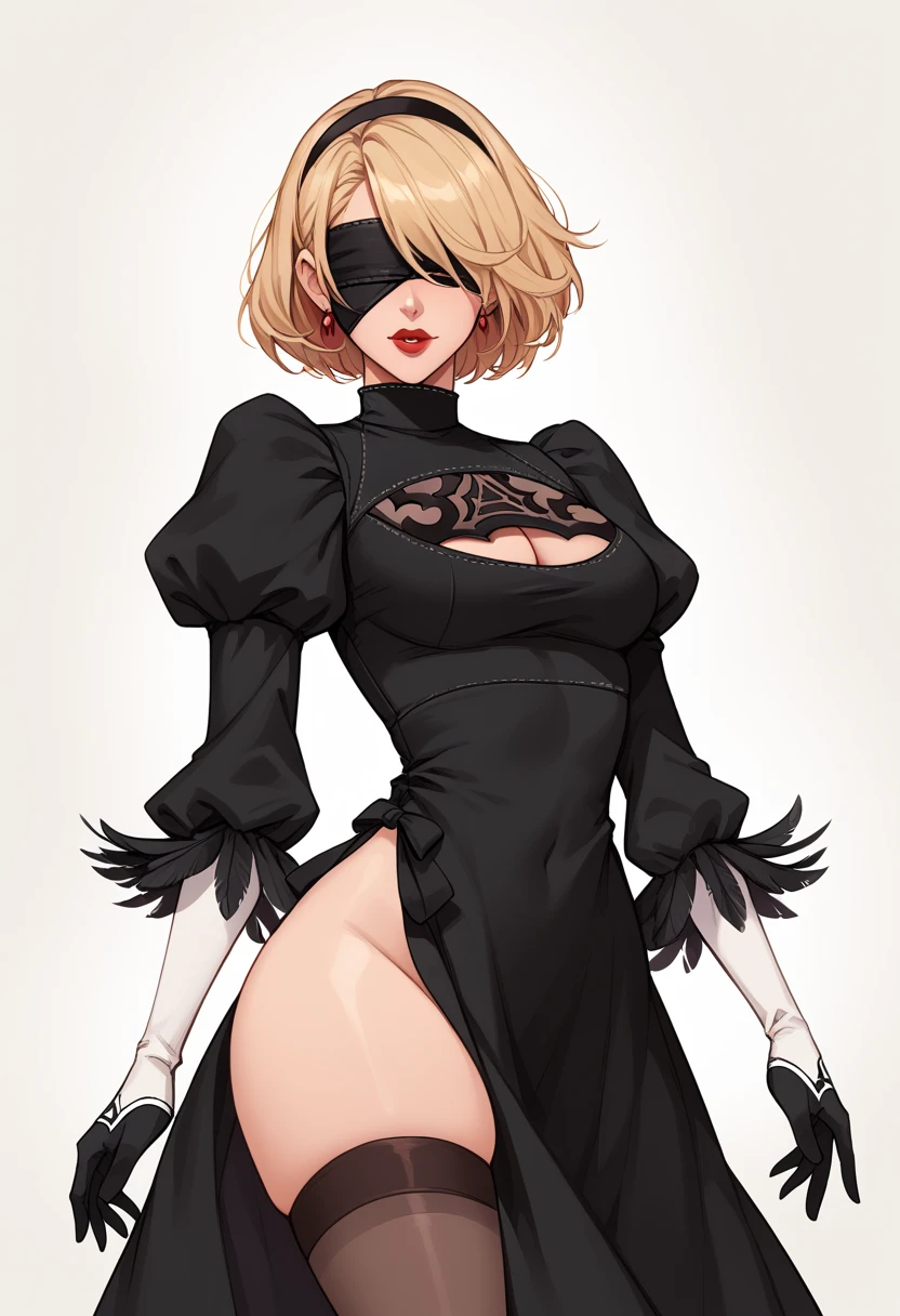 Yorha2b, masterpiece, (photorealistic: 1.4), top quality, beautiful lighting, 1 girl, mother, (blindfolded)), breasts, cleavage, hair band, hi-res, juliet sleeves, long sleeves, nier automata, red lips (puffy sleeves), shading face, short hair, solo, turtleneck, upper body, gray hair, Sky RAW Photography, 8K UHD, Film Grain