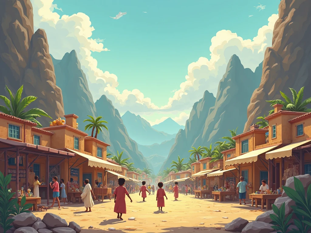 Scene 1: The Busy Town
Visual: A quaint town nestled between towering mountains. The sun is shining, and people are going about their daily activities. s are playing, and market stalls are bustling with activity.

Narration:
"Once in a busy town nestled between mountains, there lived a boy named Zayan. He was not the strongest or the fastest among his friends, but he was known by everyone for being incredibly smart and clever."