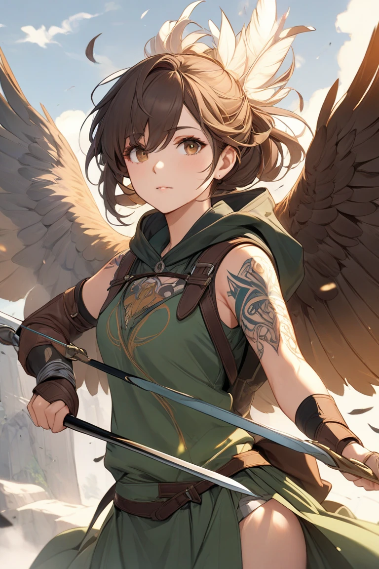 Build: Lean and athletic, honed from years of rigorous training and travel. Possesses a naturally graceful posture.
Height: 5'10"
Hair: Long, braided dark-brown hair often tied back to keep it out of her eyes. A few strands of silver are visible near her temples, hinting at the burdens she's carried.
Eyes: Piercing, hawk-like golden-brown eyes that seem to see everything, even at a distance.
Distinguishing Features: A faint scar that runs along her jawline, a souvenir from a past, dangerous encounter. Tattoos of stylized feathers adorn her left arm, signifying her connection to the wind and freedom.
Clothing: Practical and functional. Favors leathers and sturdy fabrics in earthy tones (greens, browns, greys). Wears a hooded cloak to conceal her identity when necessary. Carries a quiver full of arrows slung across her back and a sheathed sword at her hip. Her bow is often strapped to her back when not in use.
Personality:

Stoic and Reserved: Lyra is not one for idle chatter. Years spent honing her skills and surviving in a harsh world have made her cautious and guarded.
Independent and Self-Reliant: She prefers to rely on her own abilities and rarely asks for help. She values her freedom above all else.
Loyal and Courageous: Beneath her stoic exterior lies a deep sense of loyalty to those she considers friends and a fierce determination to defend the innocent. While she may be reluctant to get involved, she will not stand idly by in the face of injustice.
Haunted by the Past: Lyra carries a heavy burden of past experiences. This contributes to her reserved nature and sometimes leads to moments of self-doubt.
Hidden Softness: Despite her tough exterior, she possesses a hidden empathy and a genuine desire to make a positive impact on the world, even if she hides it well.
Skills and Abilities:

Master Archer: Lyra is an exceptionally skilled archer, capable of hitting targets at incredible distances with unmatched accuracy. She can fire multiple arrows in quick success