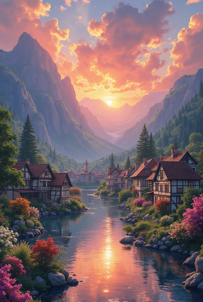 A small town by the river, Mountains ruin the background, colorful floral flowers, detailed landscape, beautiful natural landscapes, atmospheric lighting, scorching sunset, warm colors, practical, photographic, detailed foliage, complex buildings, cobblestone street, charming country house, vibrant colors, lush vegetation, reflections in the water,  picturesque, idyllic, artwork, best quality, 8K, colors, anime style