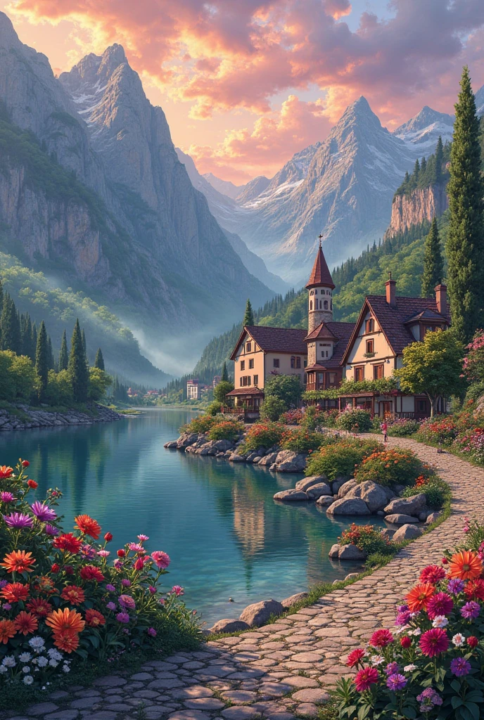 A small town by the river, Mountains ruin the background, colorful floral flowers, detailed landscape, beautiful natural landscapes, atmospheric lighting, scorching sunset, warm colors, practical, photographic, detailed foliage, complex buildings, cobblestone street, charming country house, vibrant colors, lush vegetation, reflections in the water,  picturesque, idyllic, artwork, best quality, 8K, colors, anime style