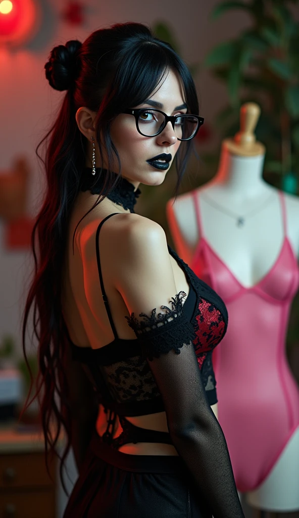 (best quality, masterpiece), 
1girl, brunette, hair up, intricate details, off shoulder, see-through, red see through skirt, red frills top, ((see-through)), black underwear, (((lace choker in black))), looking at viewer, blush, upper body, floral print, glasses, gold necklace, wet.
body turned slightly away, looking down., leaning against lamppost, looking sultry and seductive
bokah, blurry background, contrasted. 
Night time dark moody london city scene, creepy, spooky, very dark and raining. neon lights cast strong glow, atmospheric lighting, side lighting, deep shadows, dramatic.