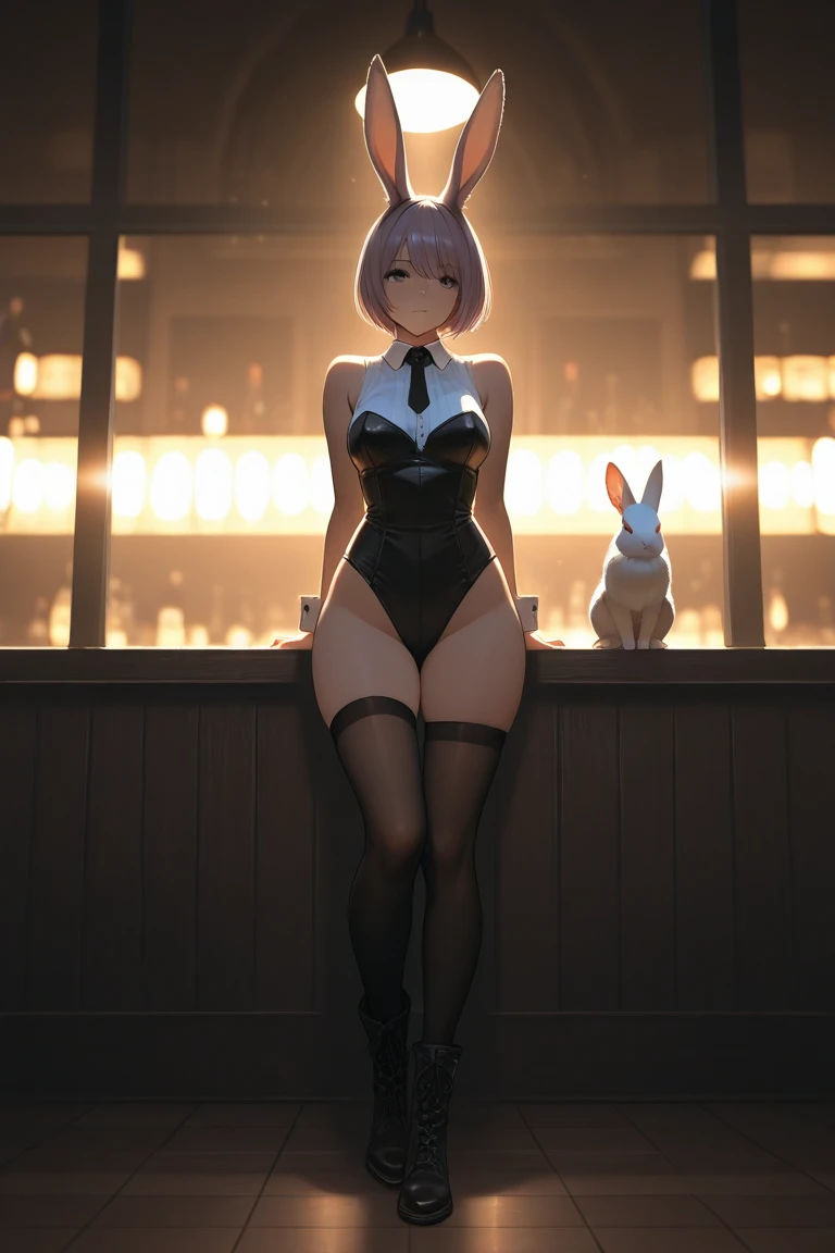 (8k, masterpiece, Best Quality, ultra-detailliert, Professional lighting),1girl,(Beautiful girl) ,(ecstasy:1.3) ,(slut:1.2),(vulgarity:1.3),(fucked silly:1.1),(steam:1.1),(wet:0.8),(trembling:0.8),(tears:0.7) ,(drooling:0.6),(sweat:0.8),large breasts,blond and blue ((streaked hair)), highlights hair , very short hair,Glasses,tareme,(spoken heart:1.3), a person, crowd,,(bunny ears,black long gloves ,long boots,Fishnet tights,nude),night,pussy juice,bar