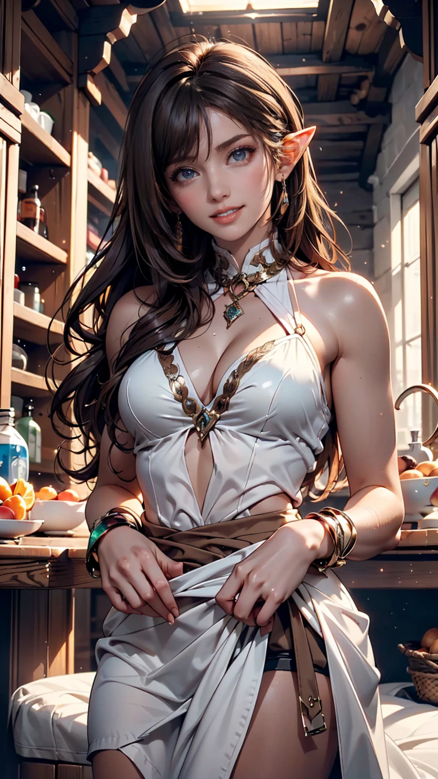 ((Top Quality))) (((high resolution))) (((8k))) (characters) 20 year old girl, ((Adventurous)) elf, ((beautiful))  ((happy)), ((brown hair))  ((long hair)).、sexy proportions、constricted waist、place your hands on your hips、smile