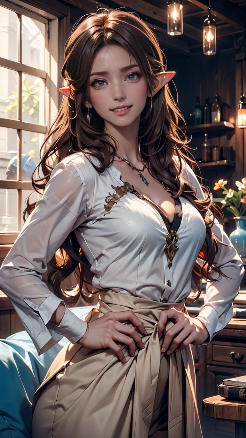 ((Top Quality))) (((high resolution))) (((8k))) (characters) 20 year old girl, ((Adventurous)) elf, ((beautiful))  ((happy)), ((brown hair))  ((long hair)).、sexy proportions、constricted waist、place your hands on your hips、smile