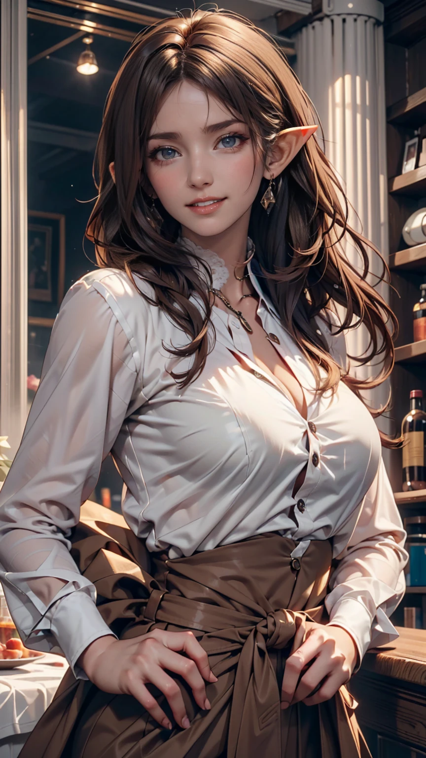((Top Quality))) (((high resolution))) (((8k))) (characters) 20 year old girl, ((Adventurous)) elf, ((beautiful))  ((happy)), ((brown hair))  ((long hair)).、sexy proportions、constricted waist、place your hands on your hips、smile